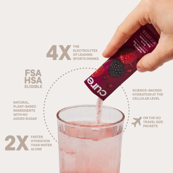 Cure Hydrating Plant Based Electrolyte Mix | Powder for Dehydration Relief | Made with Coconut Water | Non-GMO | No Added Sugar | FSA & HSA | Vegan | Box of 8 Packets - Berry Pomegranate