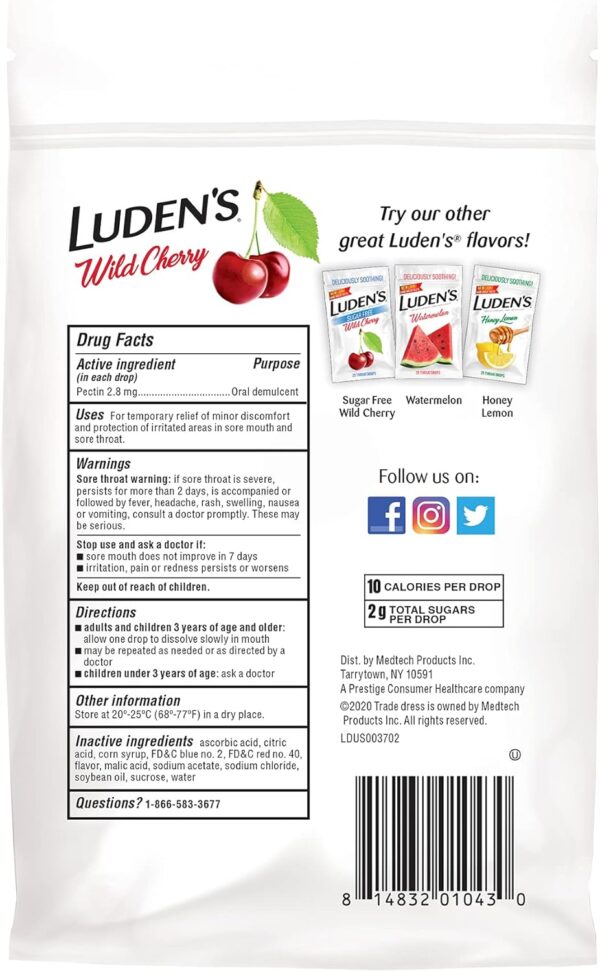 Luden's Wild Cherry Throat Drops | Deliciously Soothing | 30 Drops | 1 Bag