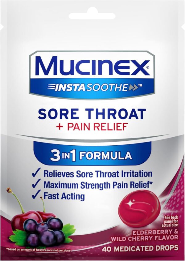 Mucinex Instasoothe Sore Throat Relief, Sore Throat Lozenges, Sore Throat Medicine with Hexylresorcinol, Cough Drops Alternative, 40 Elderberry & Wild Cherry Medicated Numbing Throat Drops