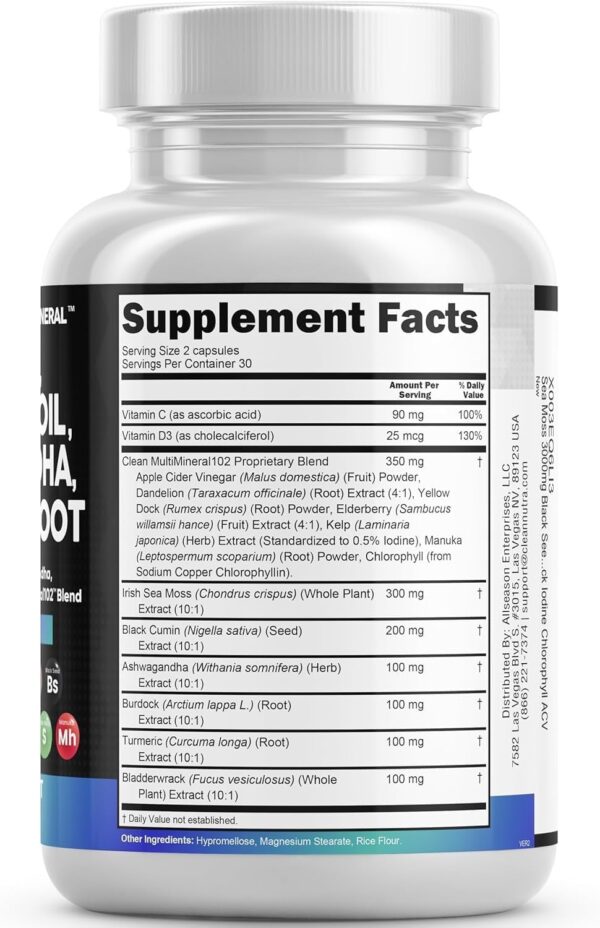 Clean Nutraceuticals Sea Moss Black Seed Oil Ashwagandha Turmeric Bladderwrack Burdock & Vitamin C Vitamin D3 with Elderberry Manuka Dandelion Yellow Dock Iodine Chlorophyll ACV