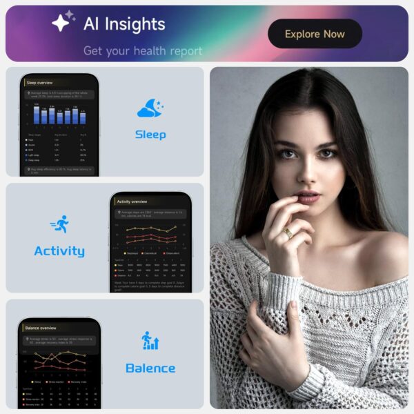 AI Smart Ring JCRing Gen4 Fitness&Sleep Tracking Wearable, Accurate Monitoring of Pedometer, Heart, Temperature, Titanium Ring with Charging Case, APP for iOS & Android(Gold Size11)