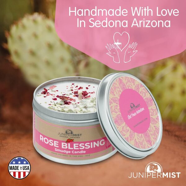 Rose Smudge Candle (6 Oz) - for Meditation & Cleansing Negative Energy - Made in USA with Soy Wax, Essential Oils, Real Sage - Smokeless Alternative to Sage Smudge Sticks