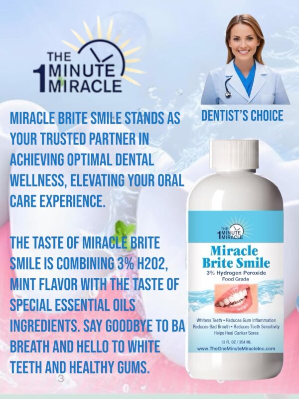 Miracle Brite Smile - 3% Hydrogen Peroxide MedicalFood Grade, Peppermint, Lemon, Clove Leaf, Cinnamon and Rosemary. Organic Essential Oils Leaving a Fresh Breath Mouth. 3 Bottles - 12 oz Bottles.