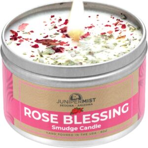 Rose Smudge Candle (6 Oz) - for Meditation & Cleansing Negative Energy - Made in USA with Soy Wax, Essential Oils, Real Sage - Smokeless Alternative to Sage Smudge Sticks