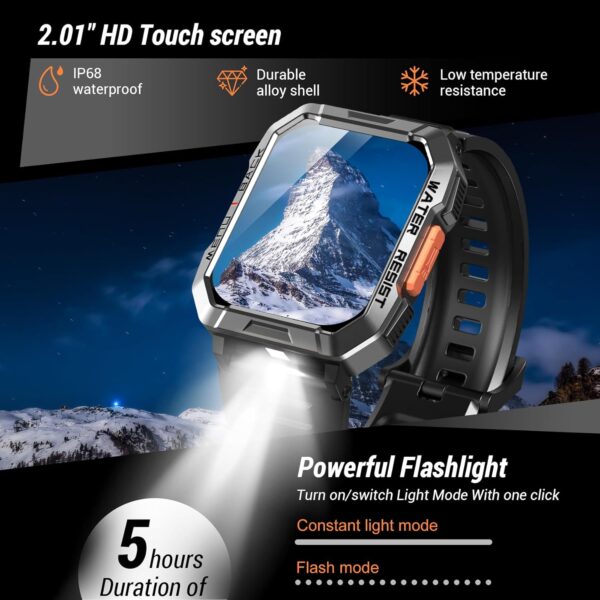 Military Smart Watch for Men (Answer/Make Calls), 2.01'' Smart Watch for Android and iPhone, Fitness Tracker with Flashlight/Compass/100 Days Battery/Heart Rate/Sleep/100+ Sport Modes(2 Straps)