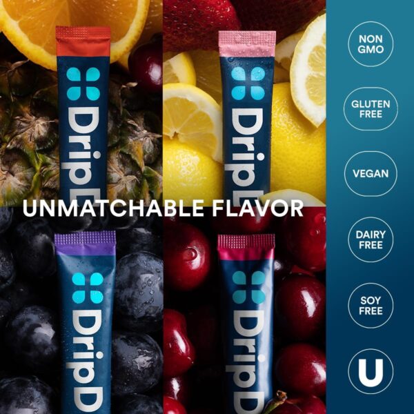 DripDrop Hydration Juicy Variety Pack Electrolyte Drink Mix Single-Serve Powder Packets- Grape, Fruit Punch, Strawberry Lemonade, Cherry - 32 Servings