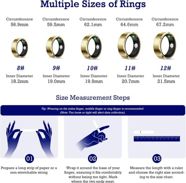 Smart Ring Health Tracker, Sleep Tracker Ring with Heart Rate, Waterproof Fitness Ring for Activity Monitoring/Steps/Distance/Calories,Air Gestures,Up to 7-Day Battery,for iOS Android (Light Gold,#8)