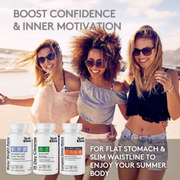 3pk Detox Cleanse Kick Off Weight Management | Colon Cleanser + Water Loss Pills w Dandelion + ACV Full Body Detox + Probiotics | For Flat Stomach, Waistline, Metabolism, Bloating – 90 Pills