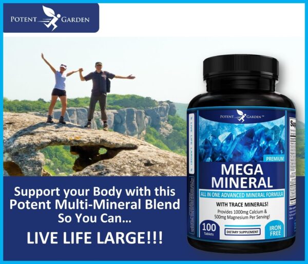 Potent Garden Mega Mineral Supplement Complete Mineral Complex with Calcium Magnesium Zinc Potassium Boron Selenium Chromium & 72 Trace Minerals Iron Free Calcium Supplement -100 Pills