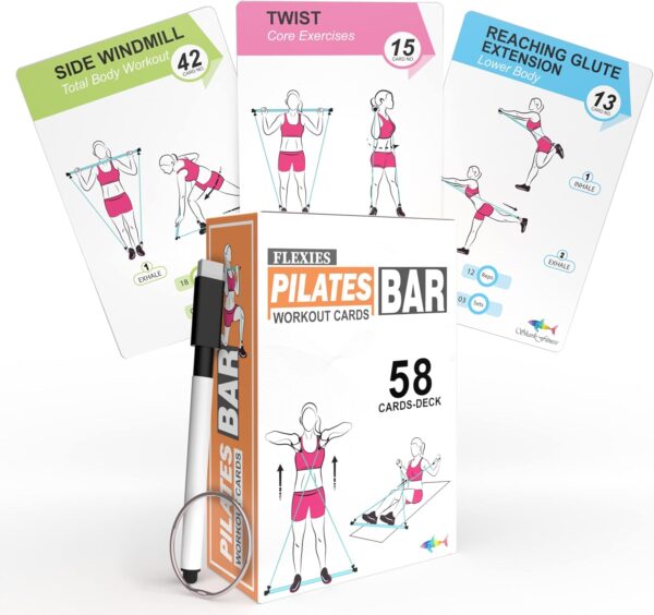 Pilates Bar Workout Cards - 58 Exercise Cards with Pilates Stick Work Out Postures, Instructions & Breathing Tips | Free Ring & Dry-Erase Marker to Create Your Customize Workout Planner Chart