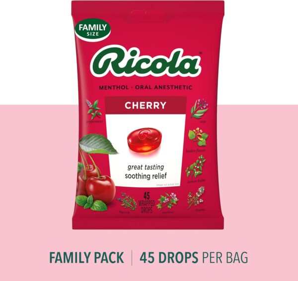 Ricola Cherry Throat Drops, 45 Count, Daily Drops For Delicious Throat Refreshment, Oral Anesthetic, Naturally Flavored