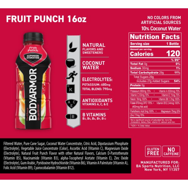 BODYARMOR Sports Drink Sports Beverage, Fruit Punch, Natural Flavors With Vitamins, Potassium-Packed Electrolytes, No Preservatives, Perfect For Athletes, 16 Fl Oz (Pack of 12)
