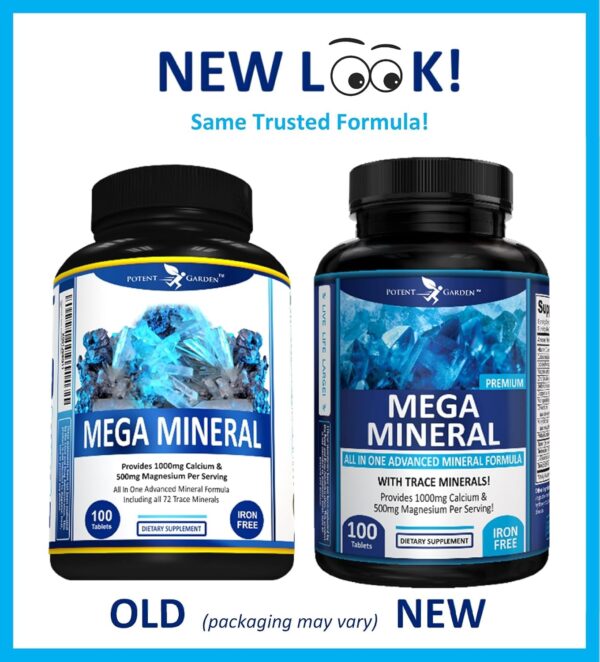 Potent Garden Mega Mineral Supplement Complete Mineral Complex with Calcium Magnesium Zinc Potassium Boron Selenium Chromium & 72 Trace Minerals Iron Free Calcium Supplement -100 Pills