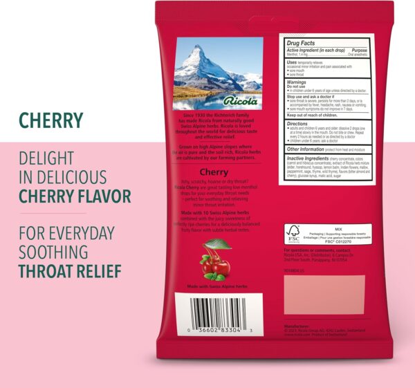 Ricola Cherry Throat Drops, 45 Count, Daily Drops For Delicious Throat Refreshment, Oral Anesthetic, Naturally Flavored