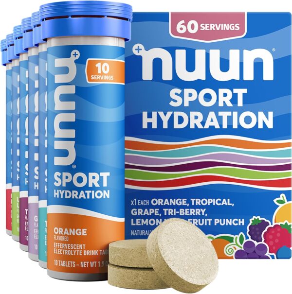 Nuun Sport Electrolyte Tablets - Dissolvable in Water, Variety Pack, 5 Essential Electrolytes for Hydration, 1g Sugar Drink Mix, Vegan, Non-GMO, 6 Pack (60 Total Servings)