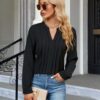 Blooming Jelly Women's Dressy Casual Blouses Business Work Tops Long Sleeve V Neck Pleated Shirts 2024 Fall Outfits