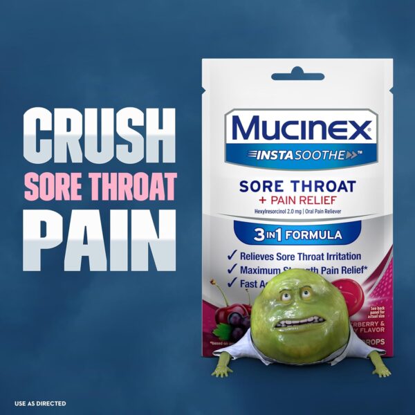 Mucinex Instasoothe Sore Throat Relief, Sore Throat Lozenges, Sore Throat Medicine with Hexylresorcinol, Cough Drops Alternative, 40 Elderberry & Wild Cherry Medicated Numbing Throat Drops