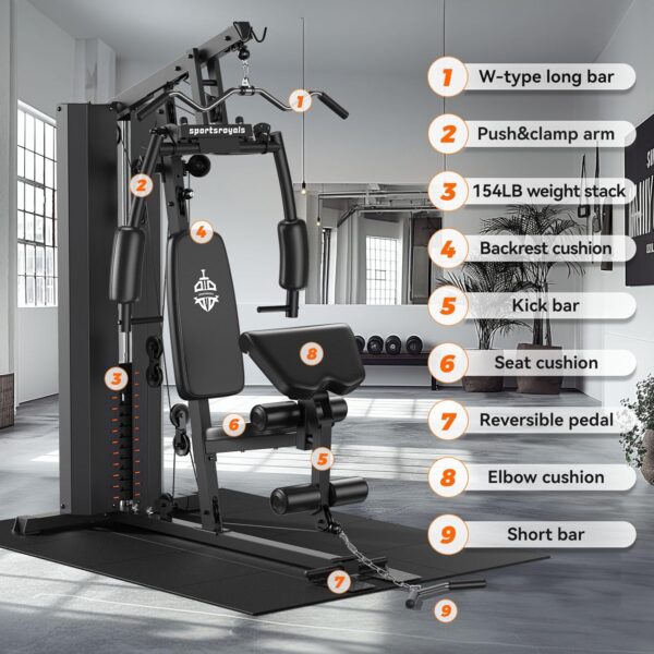 81OWJYHXriL._AC_SL1500_.jpg Sportsroyals Home Gym, Multifunctional Home Gym Equipment, Workout Station with 154LBS Weight Stack, Exercise Equipment for Full Body Traning with Pulley System