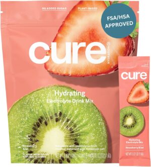 Cure Hydration | Plant-Based Electrolyte Drink Mix | No Added Sugar | FSA & HSA | Dehydration Relief Powder Made with Coconut Water | Non-GMO | Vegan | Pouch of 14 Packets - Strawberry Kiwi