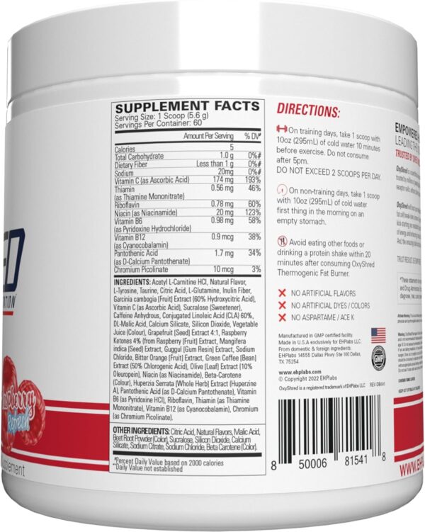 EHP Labs OxyShred Pre Workout Powder - Preworkout Powder with L Glutamine & Acetyl L Carnitine, Energy Boost Drink - Raspberry Refresh, 60 Servings