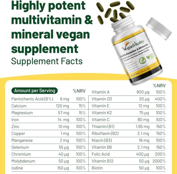81ZMI8wUt4L._AC_SL1500_.jpg Vegan Vitality Multivitamins & Minerals for Women and Men with High Strength Vitamin B12, D3 & K2. 180 Vegan Multivitamin Tablets - 6 Months Supply. Vitamins for Vegans & Vegetarians