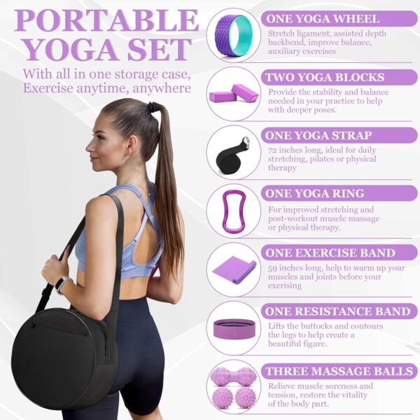 Yoga Wheel 12 in 1 Set with Back Cracker Roller for Pain Relief & Deep Tissue Massage Yoga Blocks 2 Pack with Yoga Ring, Yoga Accessory for Stretching Equipment, Yoga Starter Kit for Beginner