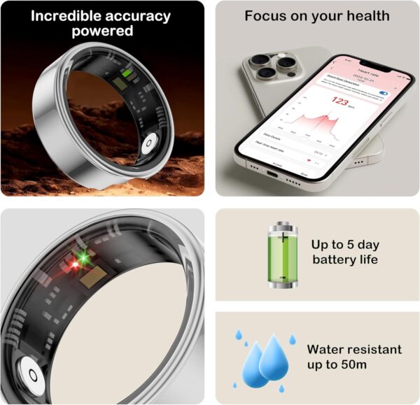Smart Ring Sleep Tracker,Fitness Tracking Wearable with Heart Rate,Blood Oxygen,Distance,Calories Monitoring,Air Gestures,Remote Photograph,IP68 Waterproof for iOS/Android(Silver,11)