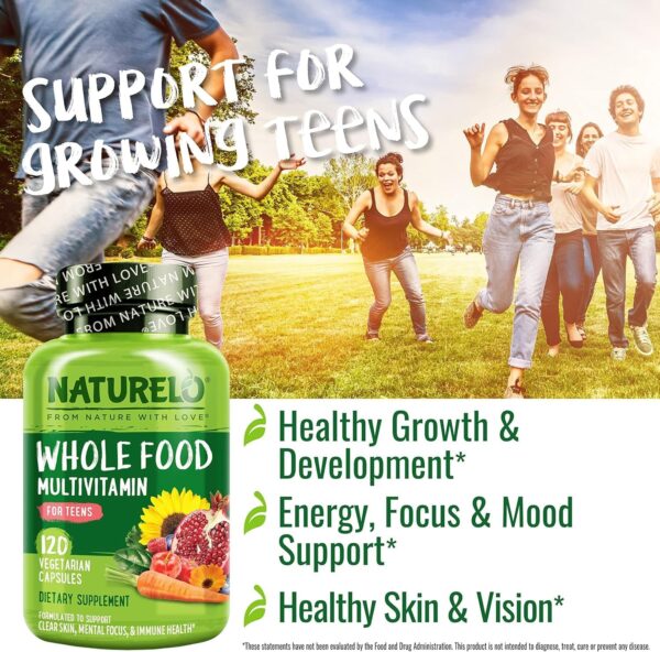 NATURELO Whole Food Multivitamin for Teens - with Vitamins & Minerals for Teenage Boys & Girls - Supplement for Active Kids - Non-GMO - Vegan & Vegetarian - 120 Capsules