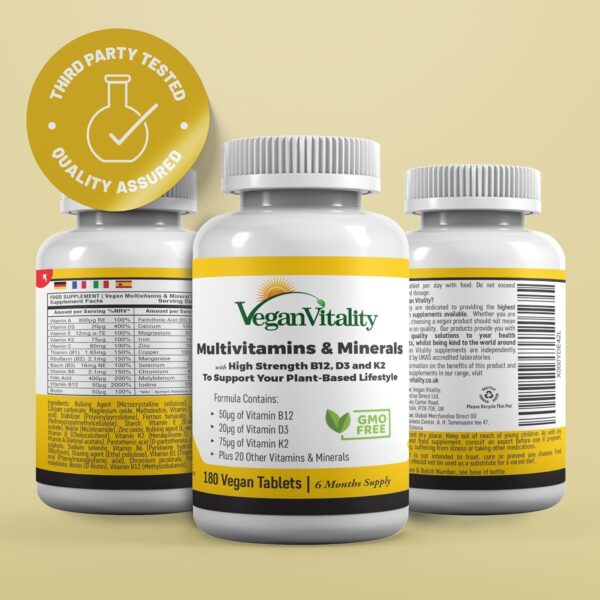 81ot2rTmtqL._AC_SL1500_.jpg Vegan Vitality Multivitamins & Minerals for Women and Men with High Strength Vitamin B12, D3 & K2. 180 Vegan Multivitamin Tablets - 6 Months Supply. Vitamins for Vegans & Vegetarians
