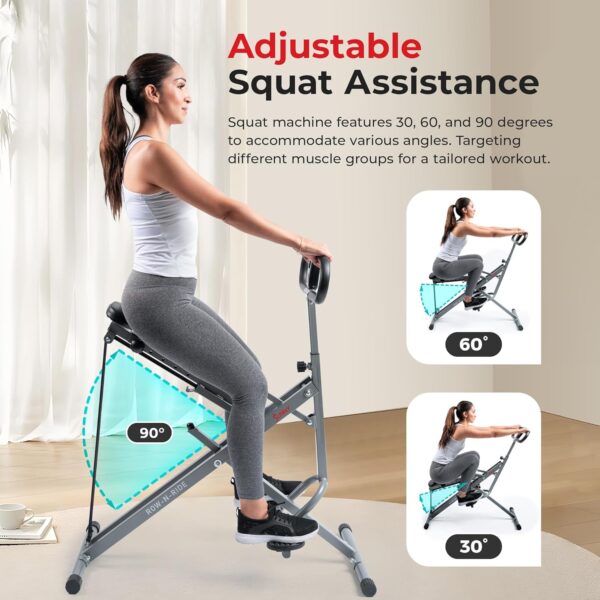 Sunny Health & Fitness Row-N-Ride Squat Assist Trainer, Foldable & Easy Setup Exercise Equipment w/Adjustable Resistance, Home Gym Training Machine for Arm, Glute & Leg Workout, Optional in Colors