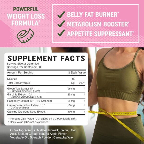 Women’s Fat Burner Gummies for Weight Loss | Green Tea Extract, Green Coffee Bean, Garcinia Cambogia & Ketones | Fat Burners for Women Weight Loss Gummies | Green Tea Fat Burner Supplements | 60 Ct.