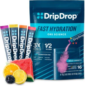 DripDrop Hydration - Bold Variety Pack - Electrolyte Drink Mix Single Serve Powder Packets - Watermelon, Berry, Lemon, Orange | Non-GMO, Gluten Free, Vegan | 16 Sticks