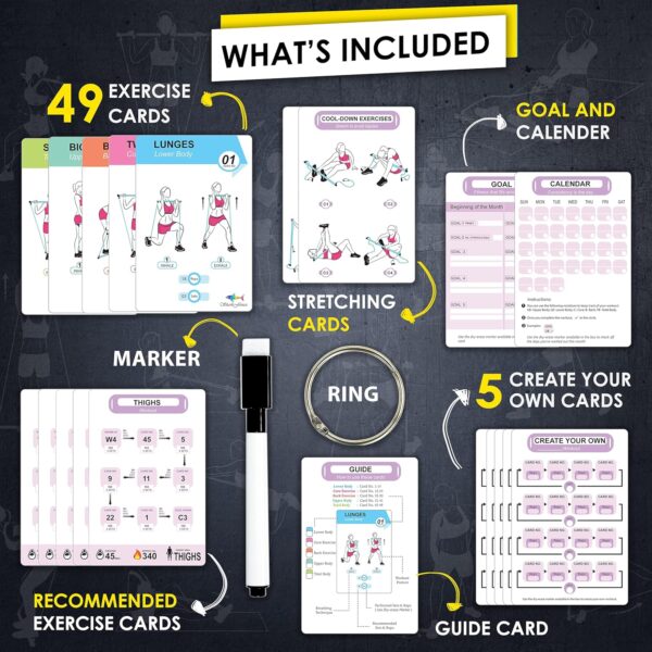Pilates Bar Workout Cards - 58 Exercise Cards with Pilates Stick Work Out Postures, Instructions & Breathing Tips | Free Ring & Dry-Erase Marker to Create Your Customize Workout Planner Chart