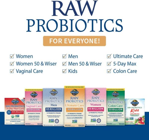 Raw Probiotics - 100 Billion CFU, Shelf Stable, 30 Capsules - For Men and Women, Digestive Enzymes, Clinically Studied Strains - by Garden of Life