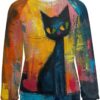 ZOCAVIA Women's Y2K Art Cat Sweatshirts Fall Abstract Cat Graphic Pullover Tops Long Sleeve Oil Painting Cat Printed T Shirts