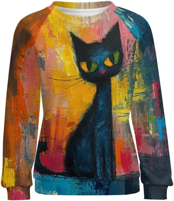ZOCAVIA Women's Y2K Art Cat Sweatshirts Fall Abstract Cat Graphic Pullover Tops Long Sleeve Oil Painting Cat Printed T Shirts