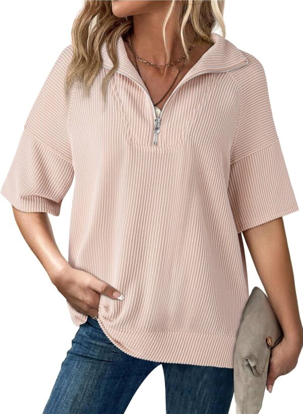 Dokotoo Womens Summer Short Sleeve Tops Zipper V Neck Lightweight Ribbed Knit Oversized Sweatshirt Casual Blouses Shirts