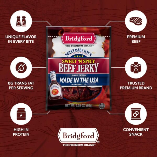 Bridgford Sweet Baby Ray’s Beef Jerky Sweet Teriyaki 3.25 oz Pack of 2 - High Protein Beef Jerky for Low Carb and High Protein Diets - Beef Jerky Teriyaki for On the Go Snacking and Busy Lifestyles