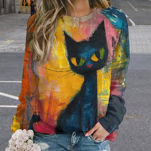 ZOCAVIA Women's Y2K Art Cat Sweatshirts Fall Abstract Cat Graphic Pullover Tops Long Sleeve Oil Painting Cat Printed T Shirts