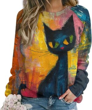 ZOCAVIA Women's Y2K Art Cat Sweatshirts Fall Abstract Cat Graphic Pullover Tops Long Sleeve Oil Painting Cat Printed T Shirts
