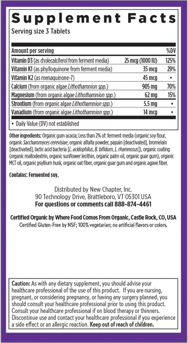 New Chapter Calcium Supplement - Bone Strength Organic Calcium with Magnesium, Vitamin D3+K2, 70+ Trace Minerals for Bone Health, Gluten Free, Easy to Swallow Slim Tablets - 120 Count