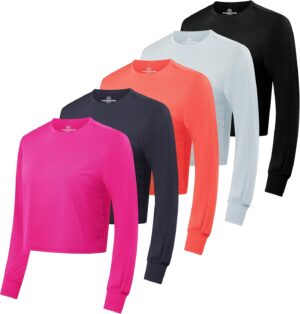 Real Essentials 5 Pack: Women's Dry Fit Crop Top - Long Sleeve Crew Neck Stretch Athletic Tee (Available in Plus Size)