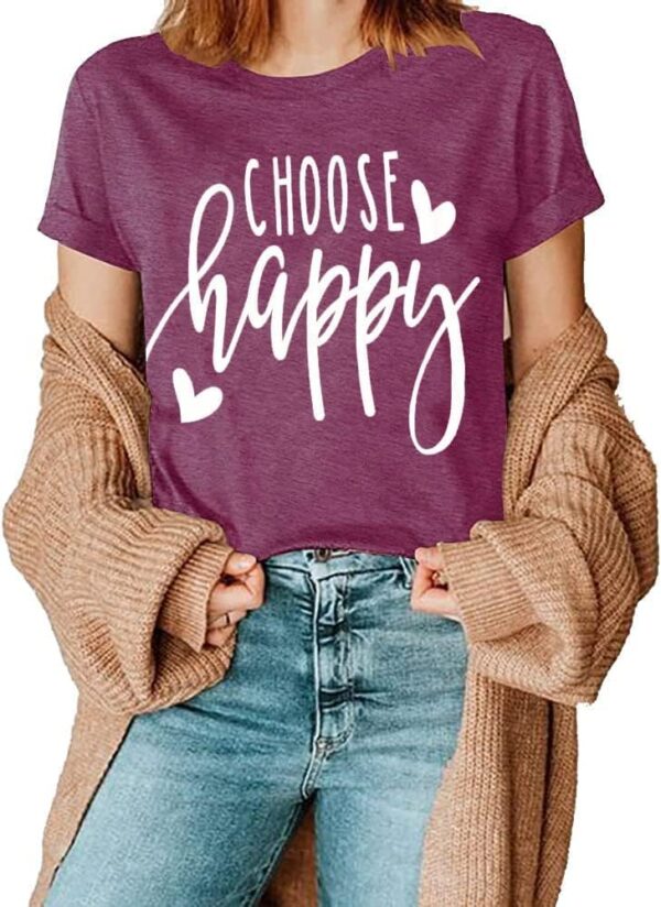 Funny Cute Graphic Tees for Women Choose Happy Letter Print T Shirts Love Heart Inspirational Shirt Casual Short Sleeve Tops