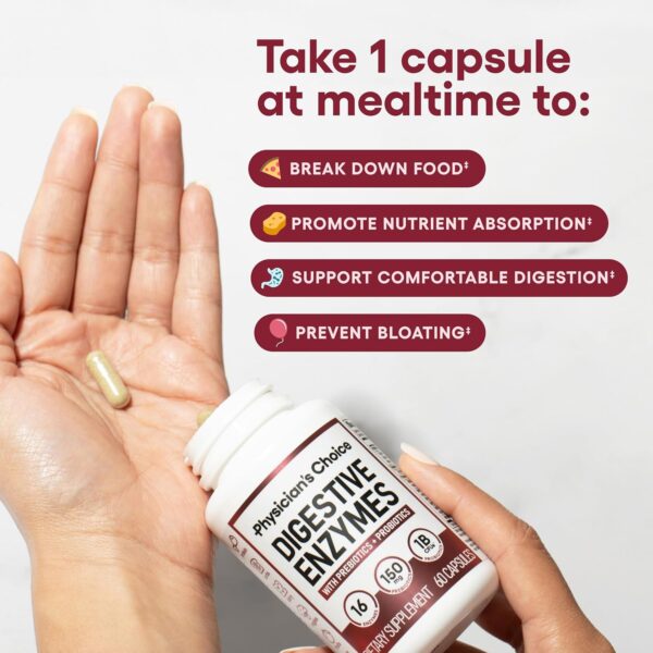 Physician's CHOICE Digestive Enzymes - Multi Enzymes, Organic Prebiotics & Probiotics for Digestive Health & Gut Health - Meal Time Discomfort Relief & Bloating - Dual Action Approach - 60 CT