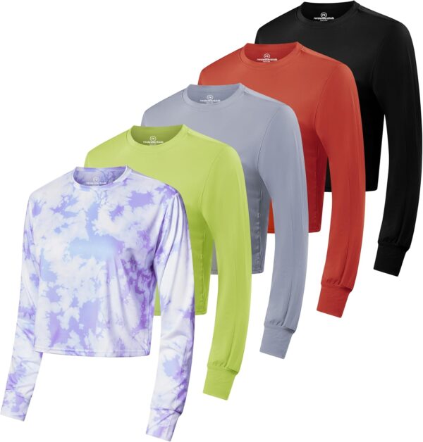 Real Essentials 5 Pack: Women's Dry Fit Crop Top - Long Sleeve Crew Neck Stretch Athletic Tee (Available in Plus Size)