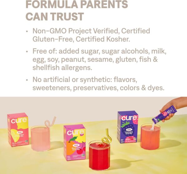 Cure Hydration - Kids Electrolyte Drink Mix | Plant-Based Pediatrician Formulated Rehydration | No Added Sugar, Non-GMO, Gluten-Free, No Artificial Flavors, FSA-HSA | Box of 6 Packets - Pink Lemonade