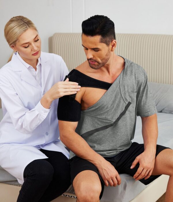 Deyeek Men's Post Shoulder Surgery Shirts Recovery Tear Away Short Sleeve Full Open Side Snap Adaptive Chemo Clothing