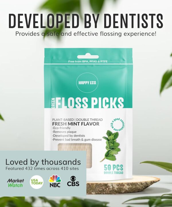 1740467604_71I2bqSg38L._AC_SL1500_.jpg Double Floss Picks Biodegradable (200pcs) - Plant Based Natural Dental Floss Sticks- Flossers for Adults & Kids - Nontoxic Vegan Tooth Pick Flossers - Mint