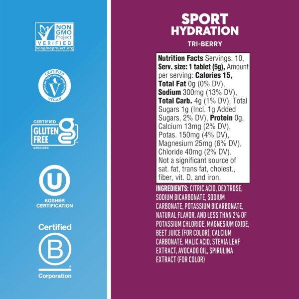 Nuun Sport Electrolyte Tablets - Dissolvable in Water, Tri Berry, 5 Essential Electrolytes for Hydration, 1g Sugar Drink Mix, Vegan, Non-GMO, 4 Pack (40 Total Servings)