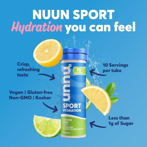 Nuun Sport Electrolyte Tablets - Dissolvable in Water, Lemon Lime, 5 Essential Electrolytes for Hydration, 1g Sugar Drink Mix, Vegan, Non-GMO, 8 Pack (80 Total Servings)